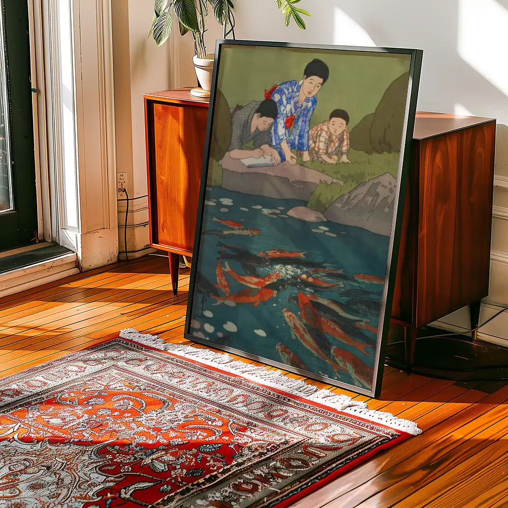 Framed painting of children observing koi fish in a pond, displayed in a sunlit room with wooden flooring and a decorative rug.
