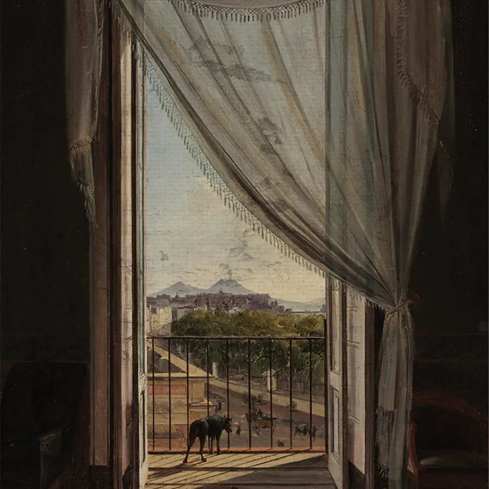 Painting of an open window with sheer curtains, overlooking a cityscape featuring mountains and a black dog on a balcony.