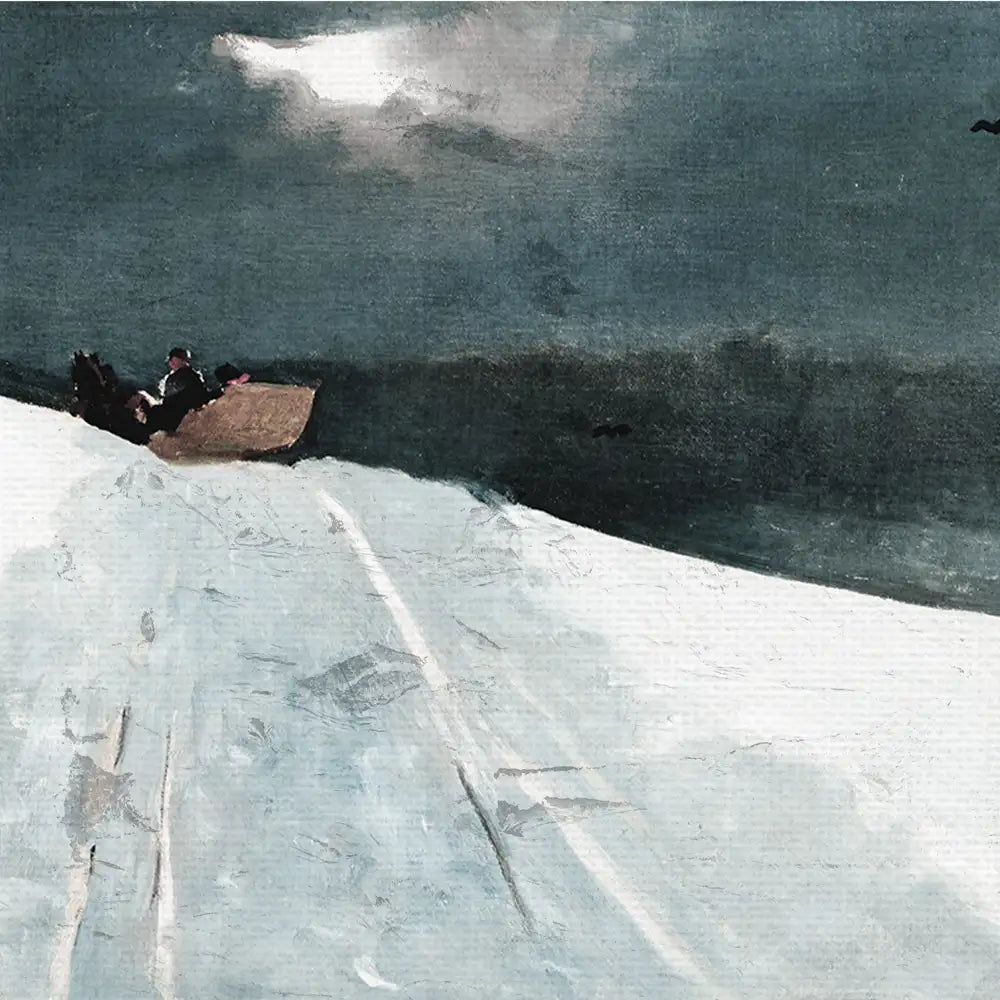 Winter landscape painting featuring a figure in a sled on a snowy path under a dark, cloudy sky.