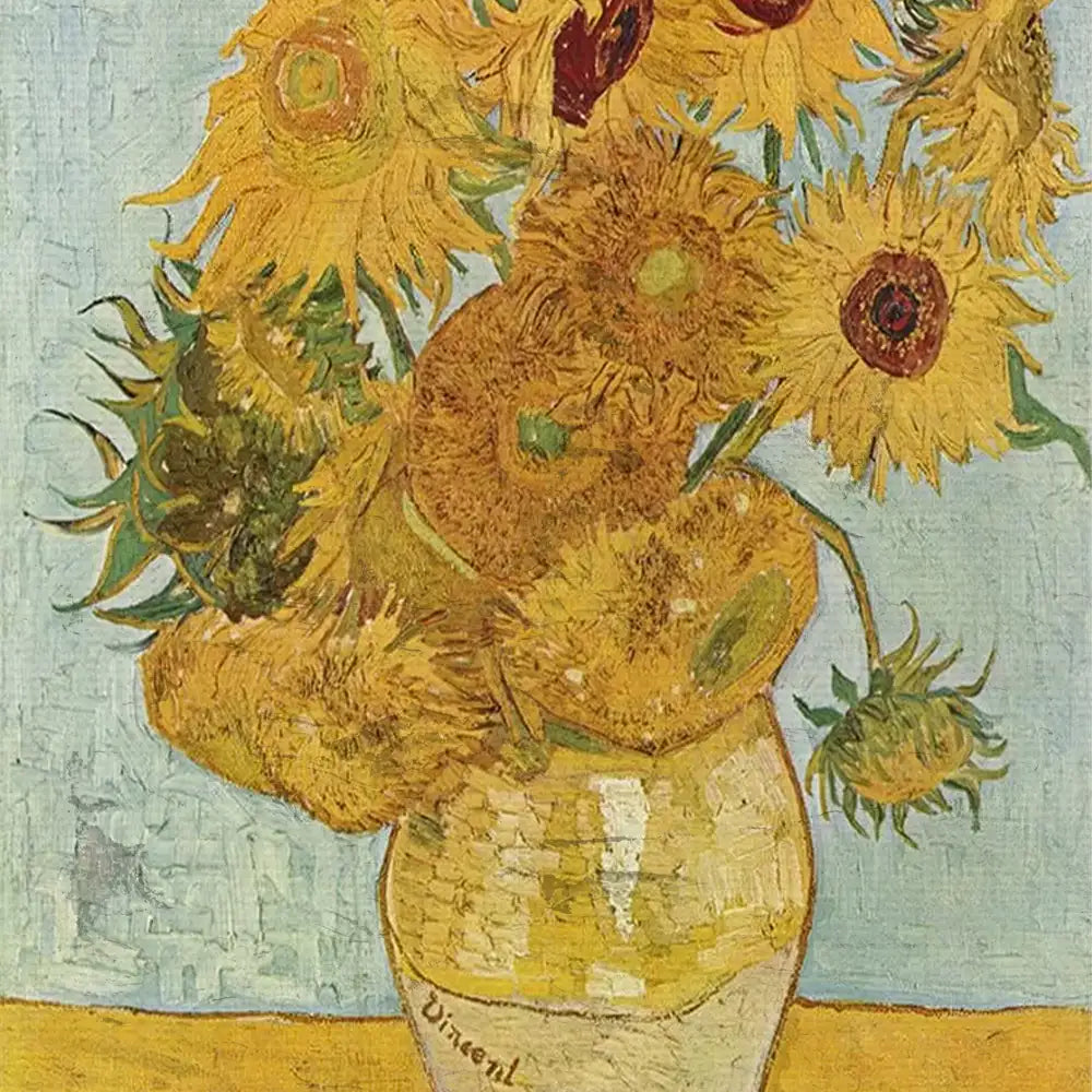 Sunflowers artwork in a vase by Vincent van Gogh, featuring vibrant yellow petals and textured brush strokes against a light blue background.