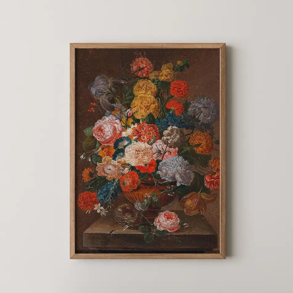 Floral still life painting in a wooden frame, featuring a vibrant arrangement of roses and other flowers against a dark background.
