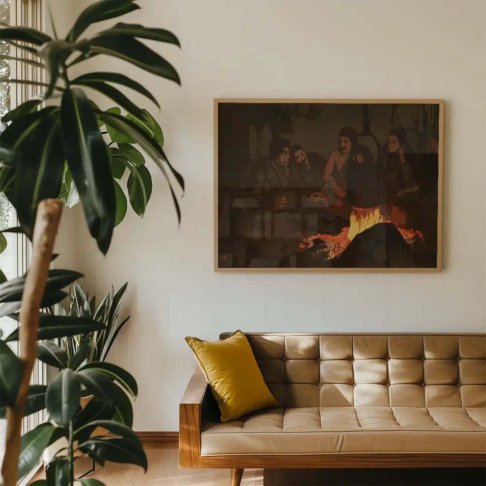 Interior setting featuring a framed painting of a gathering around a fire, displayed above a brown leather sofa with a yellow cushion and surrounded by green plants.