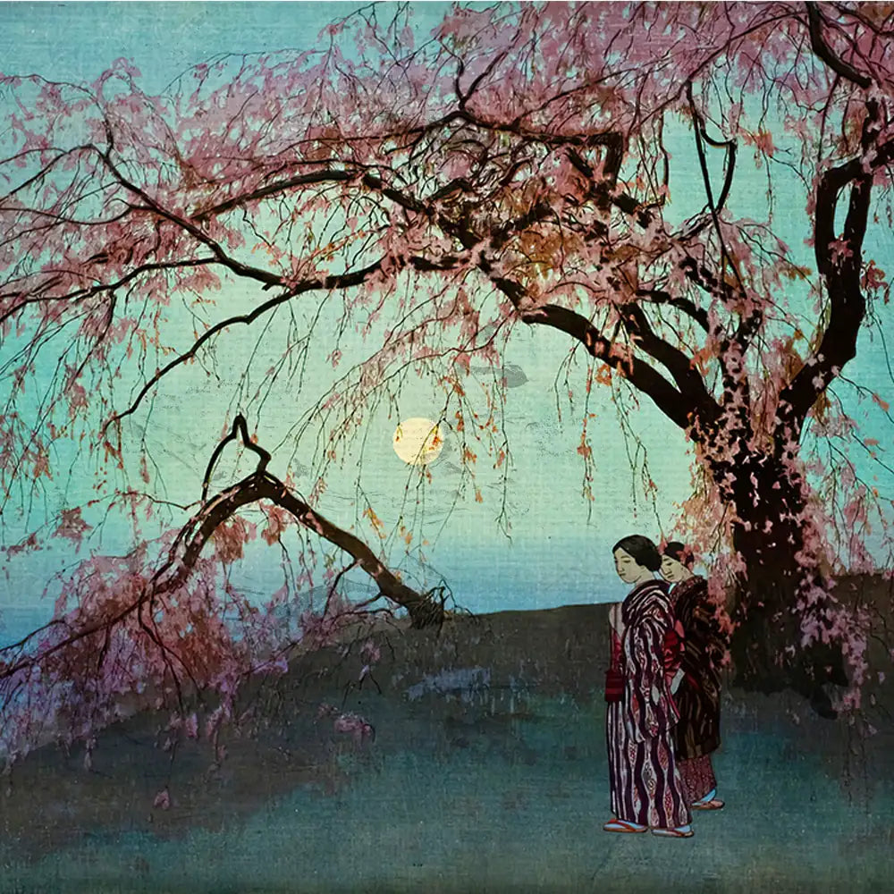 Painting of two women in traditional clothing standing beneath a cherry blossom tree with a pale moon in the background.
