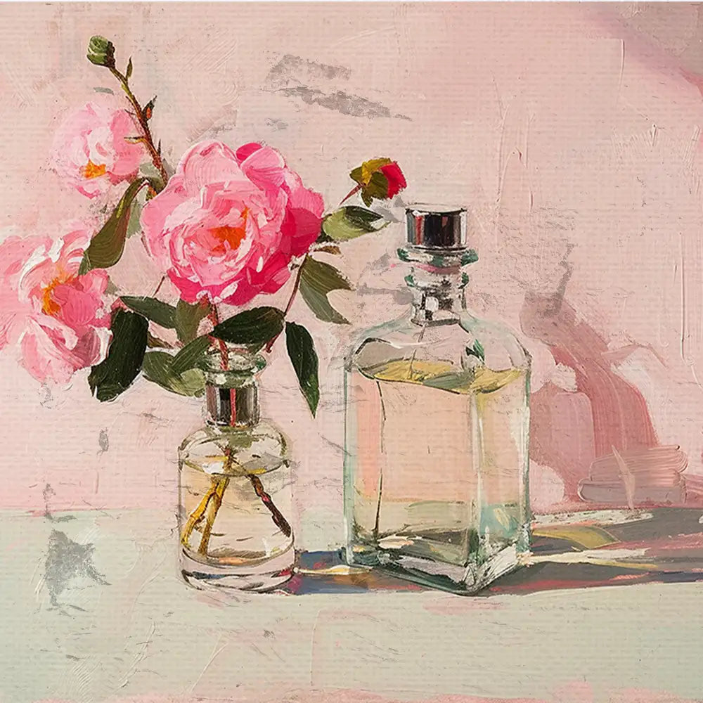 Painting of pink roses in two glass vases on a soft pink background.