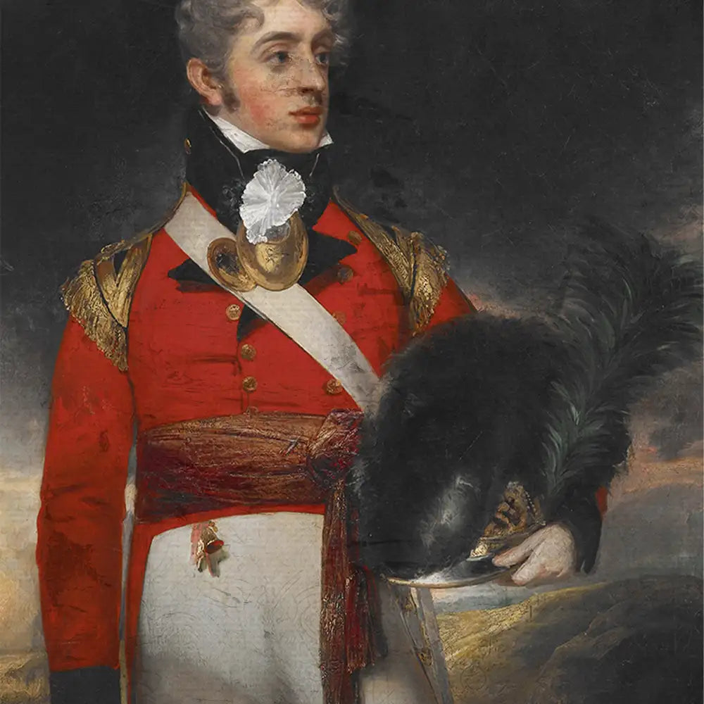 Portrait of a military officer in a red uniform with gold epaulettes, white trousers, and a black feathered hat, set against a dark background.