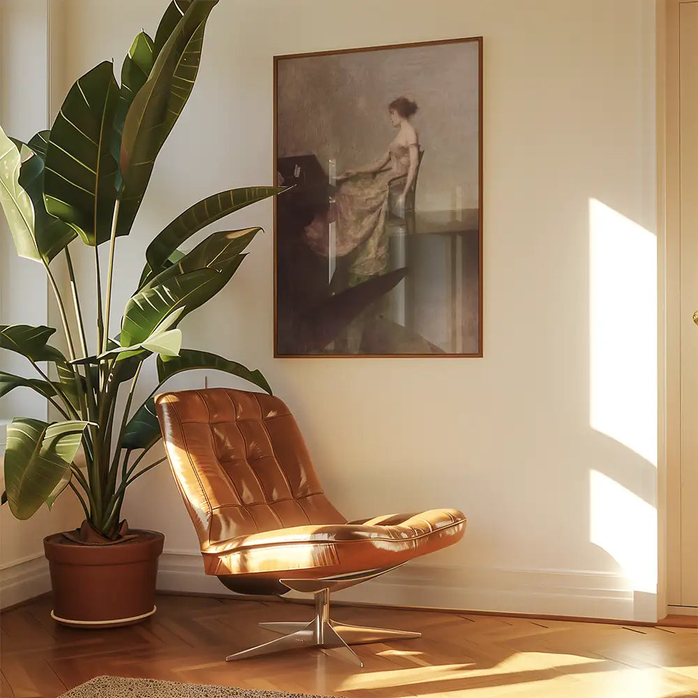 A cozy interior featuring a stylish brown chair, a large potted plant, and a vintage painting of a woman sitting gracefully, illuminated by natural light.