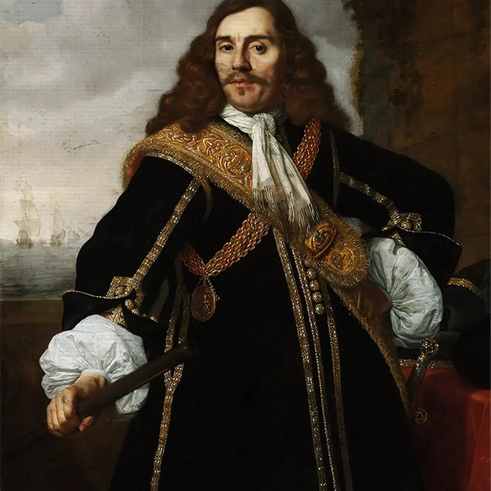Portrait of a man in a luxurious black and gold outfit with a long wig, holding a sword, against a background of ships on water.