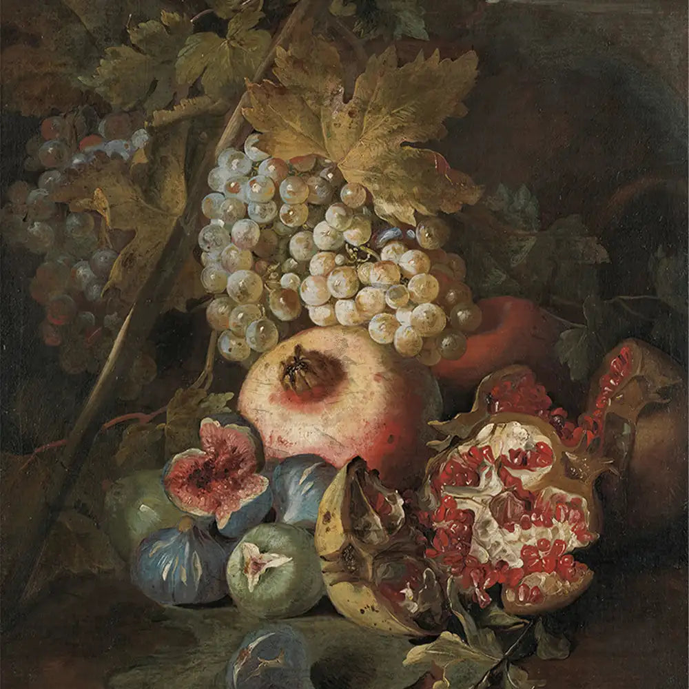 Still life painting featuring an arrangement of various fruits, including grapes, figs, apples, and pomegranates, set against a dark background.
