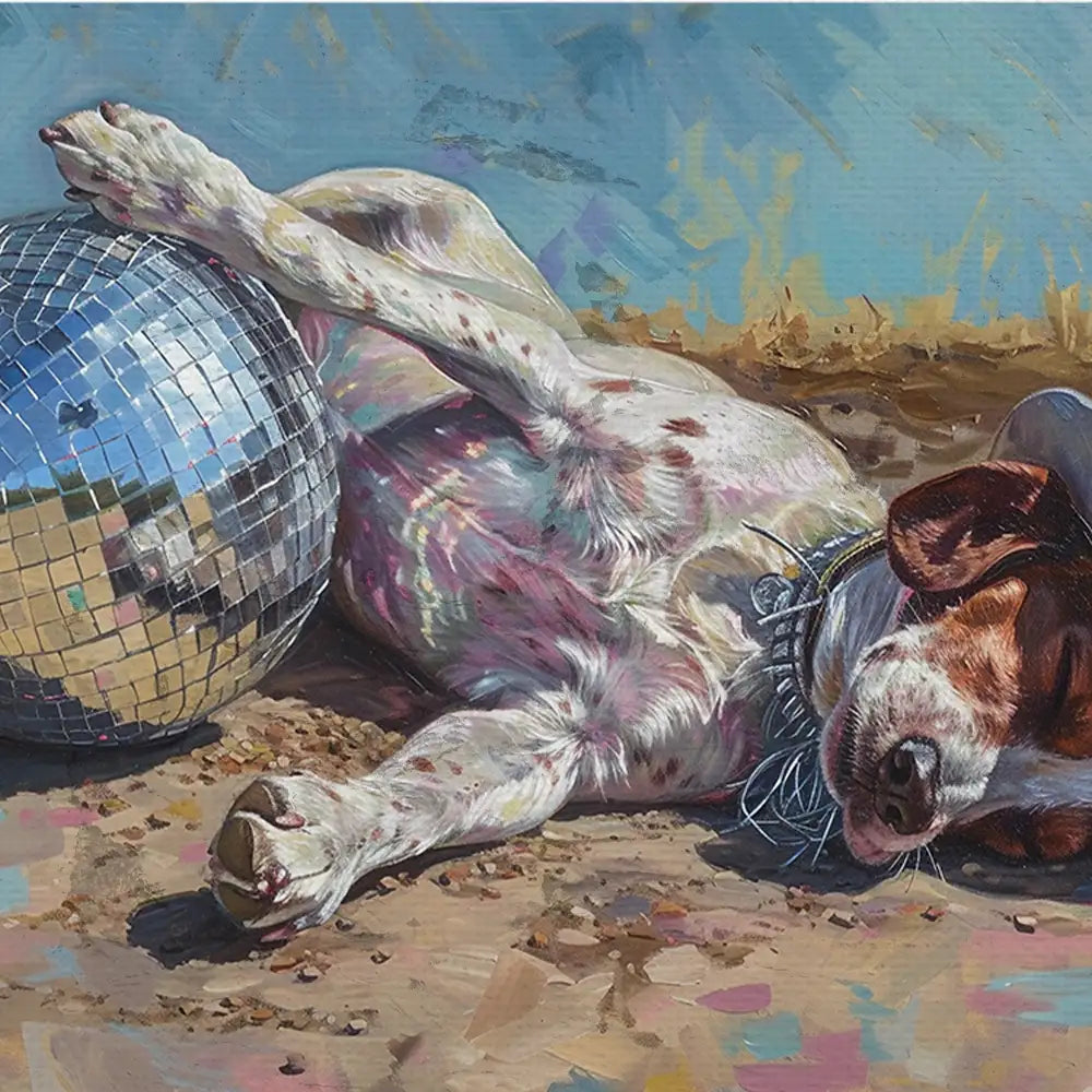 A relaxed dog with a disco ball, lounging on the ground in a colorful, modern art style.