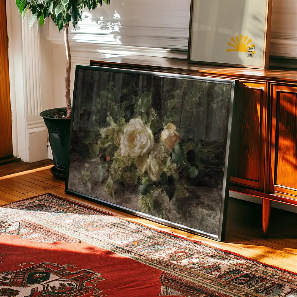 Framed painting of soft white roses with green foliage, leaning against a wooden cabinet in a sunlit room with a decorative rug.