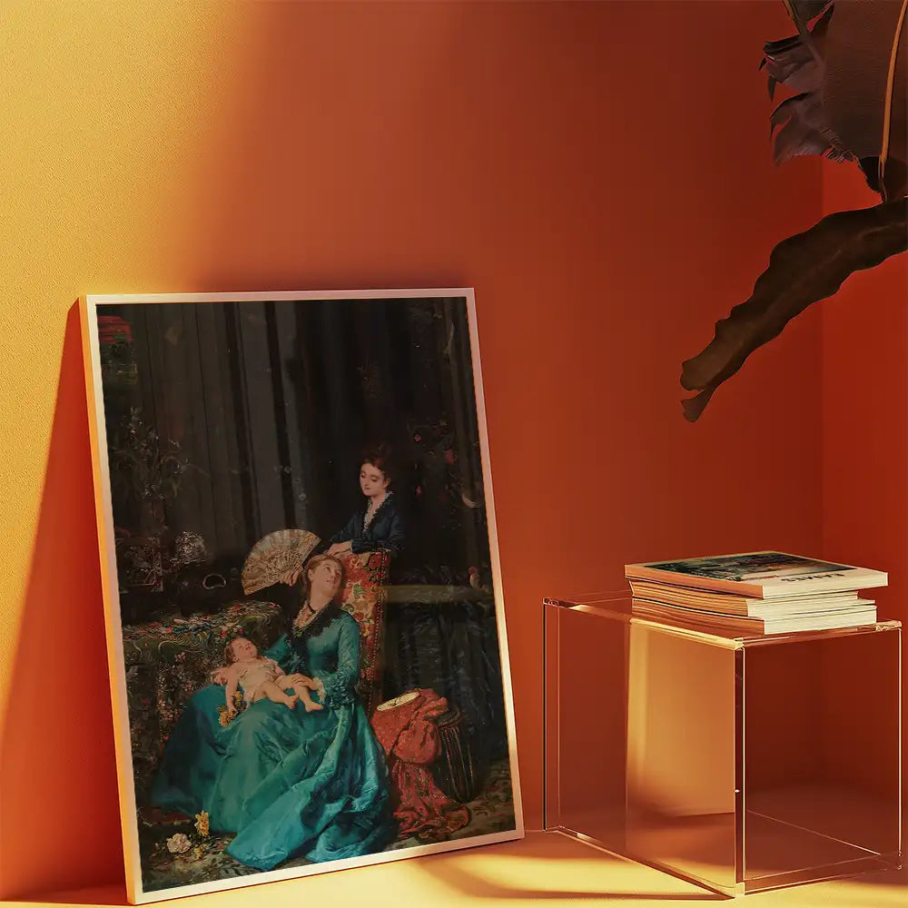 Framed painting of women and a child in colorful attire, displayed against an orange wall next to a stack of art books.