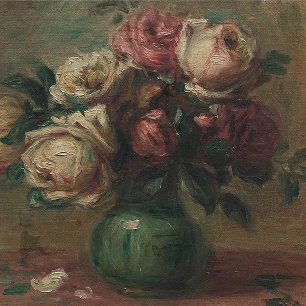 Still life painting of a bouquet of red and white roses in a green vase against a muted background.
