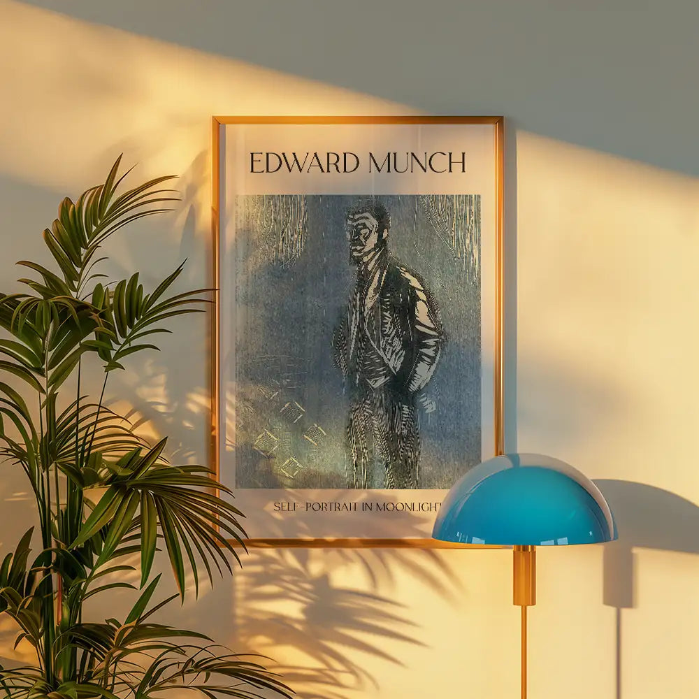 Framed poster of Edward Munch's "Self-Portrait in Moonlight" hanging on a wall, accompanied by a plant and decorative lamp.