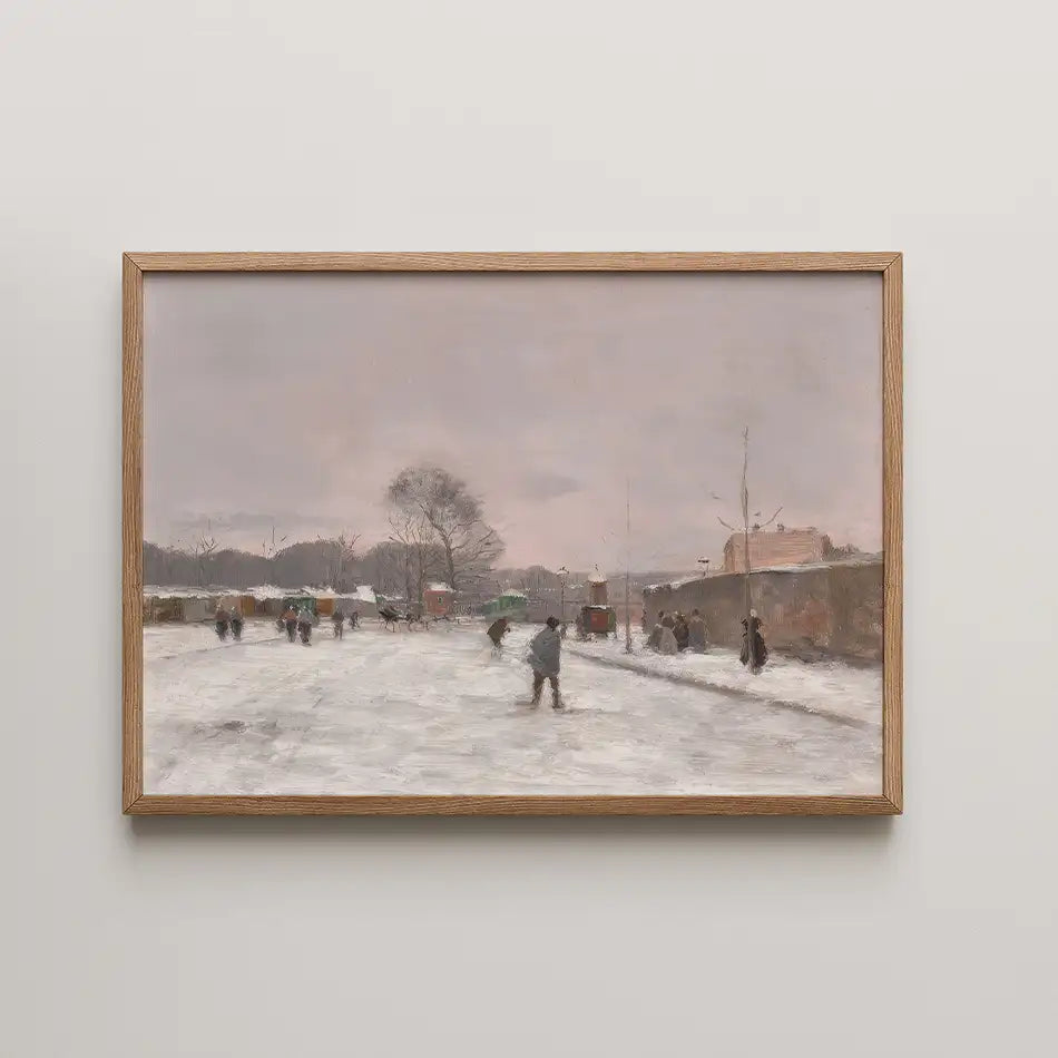Painting of a snowy street scene with people walking, framed in a wooden border.