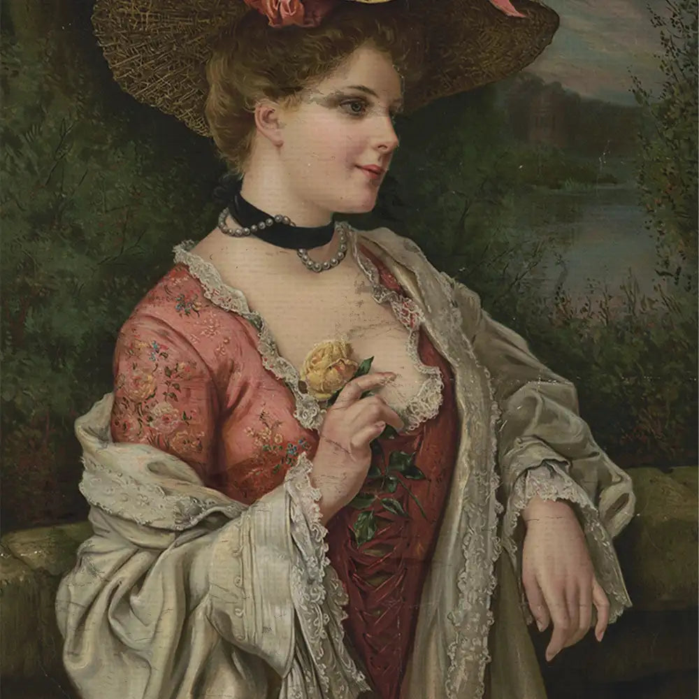 Portrait of a woman in historical attire, wearing a large straw hat adorned with flowers, holding a rose and standing in a lush green outdoor setting.