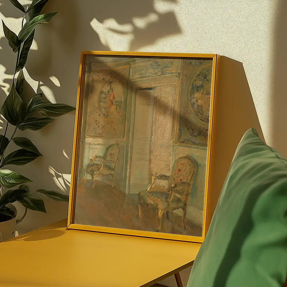 Painting of an elegantly furnished room displayed in a yellow frame, accompanied by a green cushion and a leafy plant.
