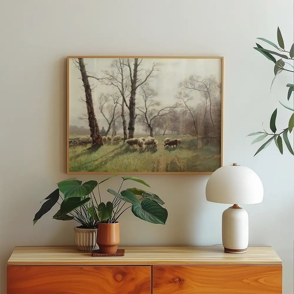 Landscape painting featuring sheep grazing in a grassy field with trees, displayed above a wooden sideboard with potted plants and a table lamp.
