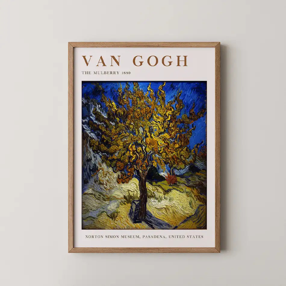 Framed poster of Van Gogh's painting "The Mulberry" (1889) featuring a vibrant tree against a blue background, highlighting swirling brush strokes and rich colors.