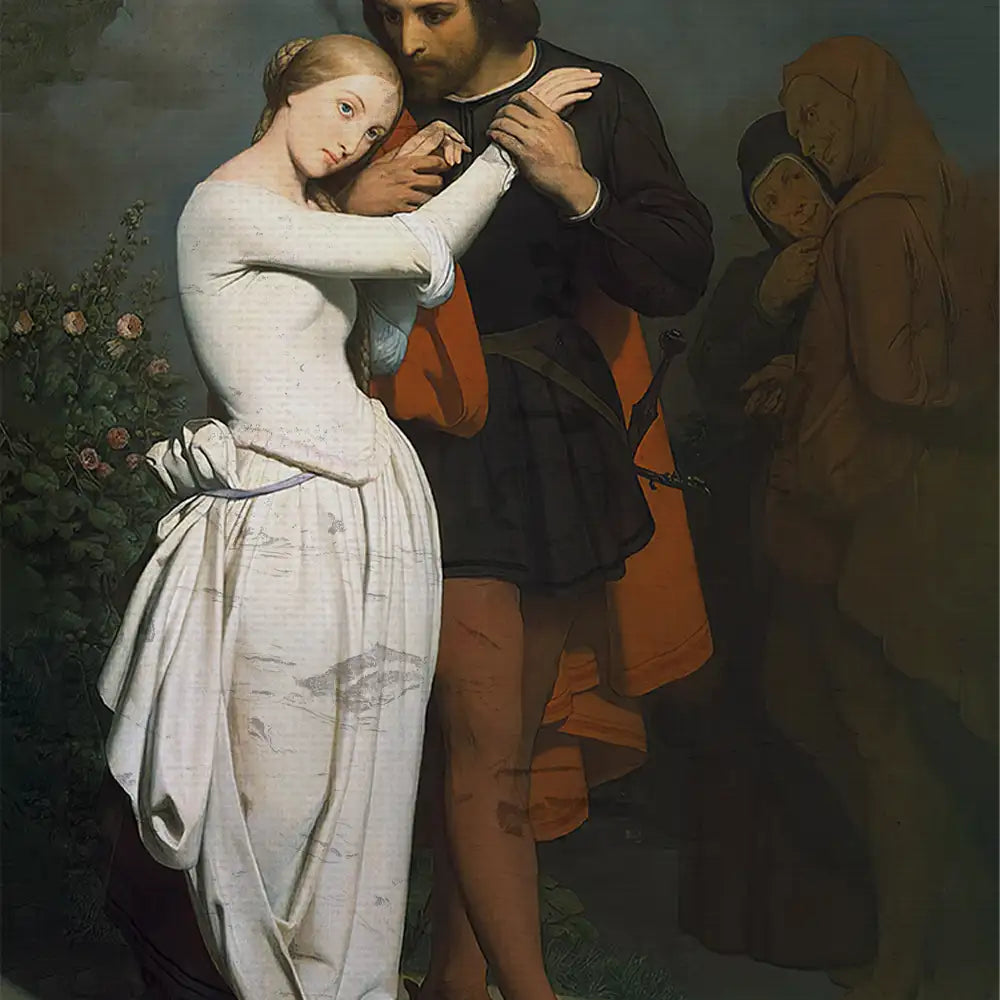 Romantic painting featuring a couple, with the woman in a white dress and the man in dark attire, surrounded by foliage and other figures in the background.