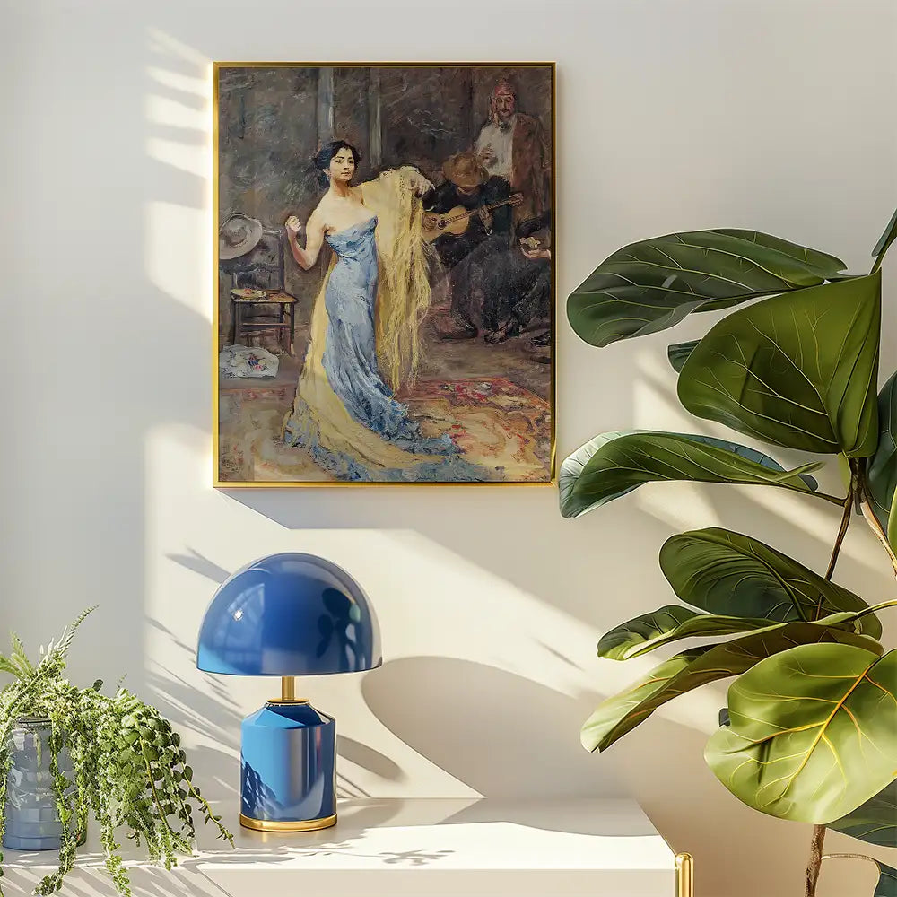 Elegant painting of a woman in a blue dress with a yellow shawl, set against a background of musicians, displayed in a stylish interior alongside a modern blue lamp and greenery.