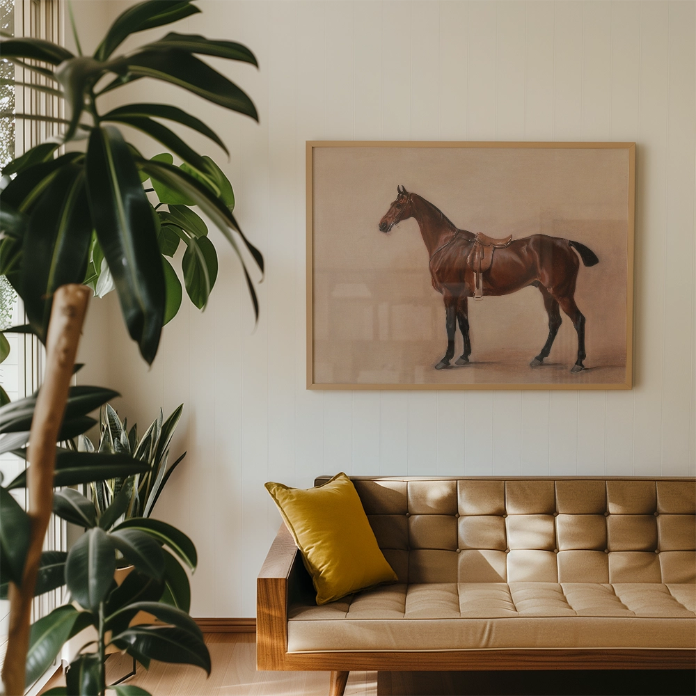 A framed painting of a brown horse, displayed on a light-colored wall above a modern beige sofa with a yellow cushion, alongside indoor plants.
