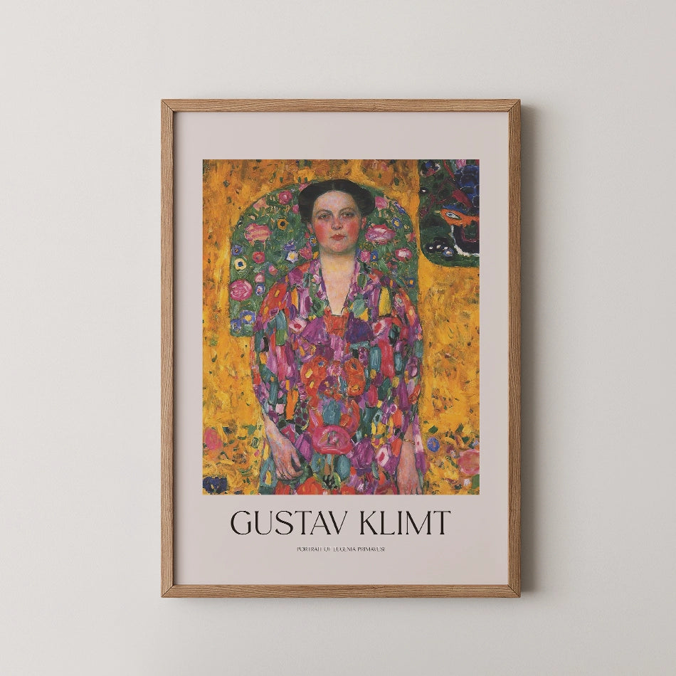 Framed poster of a painting by Gustav Klimt featuring a woman in a colorful floral robe against a vibrant yellow background.