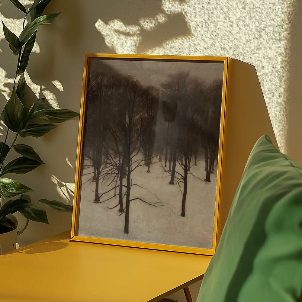 Framed painting of a winter landscape featuring bare trees against a snowy background, displayed on a yellow table with green cushions and a plant.