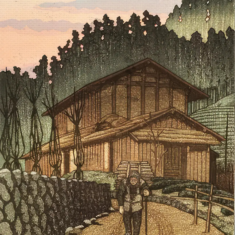 A serene landscape painting featuring a wooden house surrounded by trees, with a person carrying a load on a dirt path in the foreground at sunset.