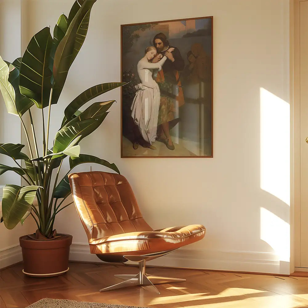 Painting of a couple in a vintage style framed on a wall next to a modern brown chair and a large green plant in a bright, sunlit room.