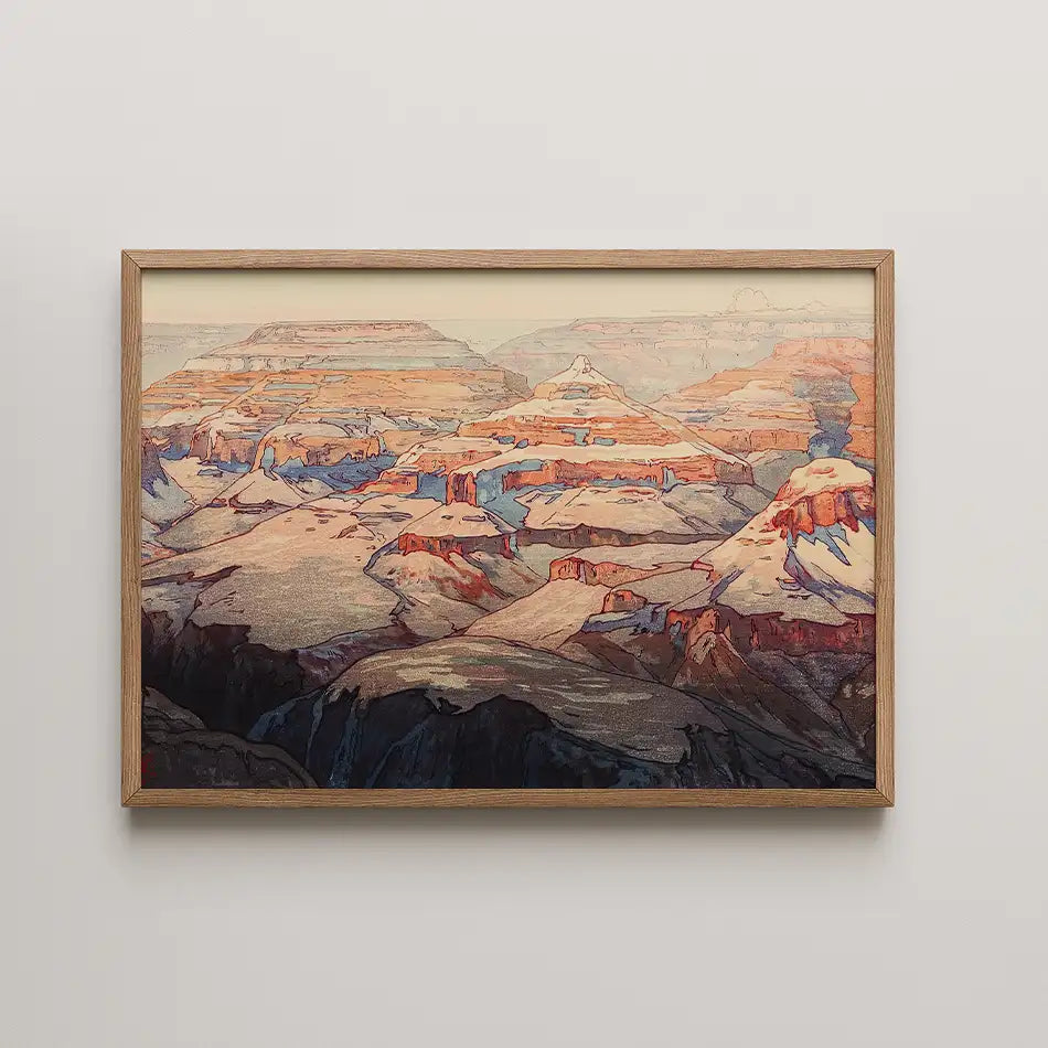 Painting of a mountainous landscape featuring layered rock formations and warm hues, framed in natural wood.