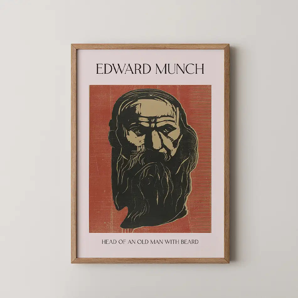 Framed poster art by Edward Munch featuring a portrait titled "Head of an Old Man with Beard" with a red background and a detailed depiction of an elderly man.