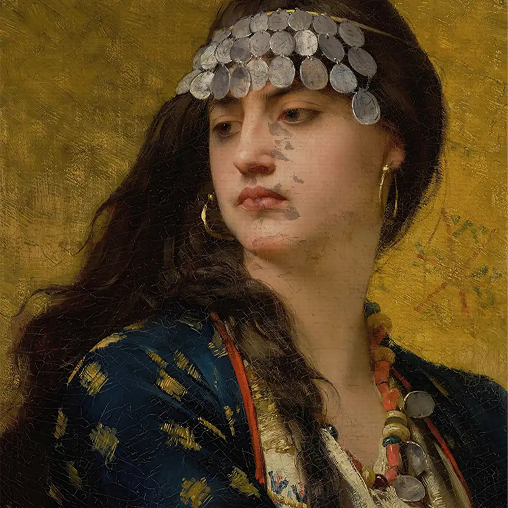 Portrait of a woman with long dark hair adorned with a decorative headpiece, wearing a colorful garment, against a textured yellow background.