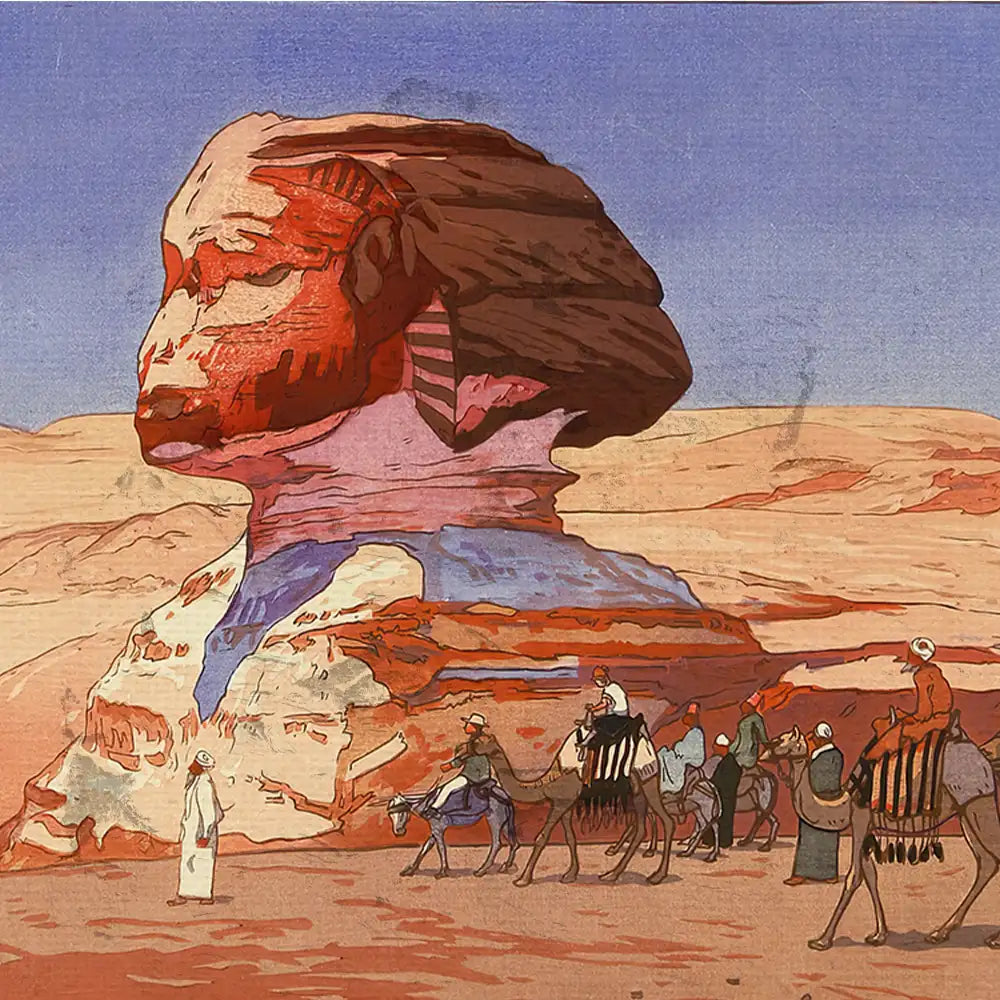 Illustration of the Great Sphinx of Giza with a caravan of camels and figures in a desert landscape, showcasing warm colors and a stylized artistic interpretation.