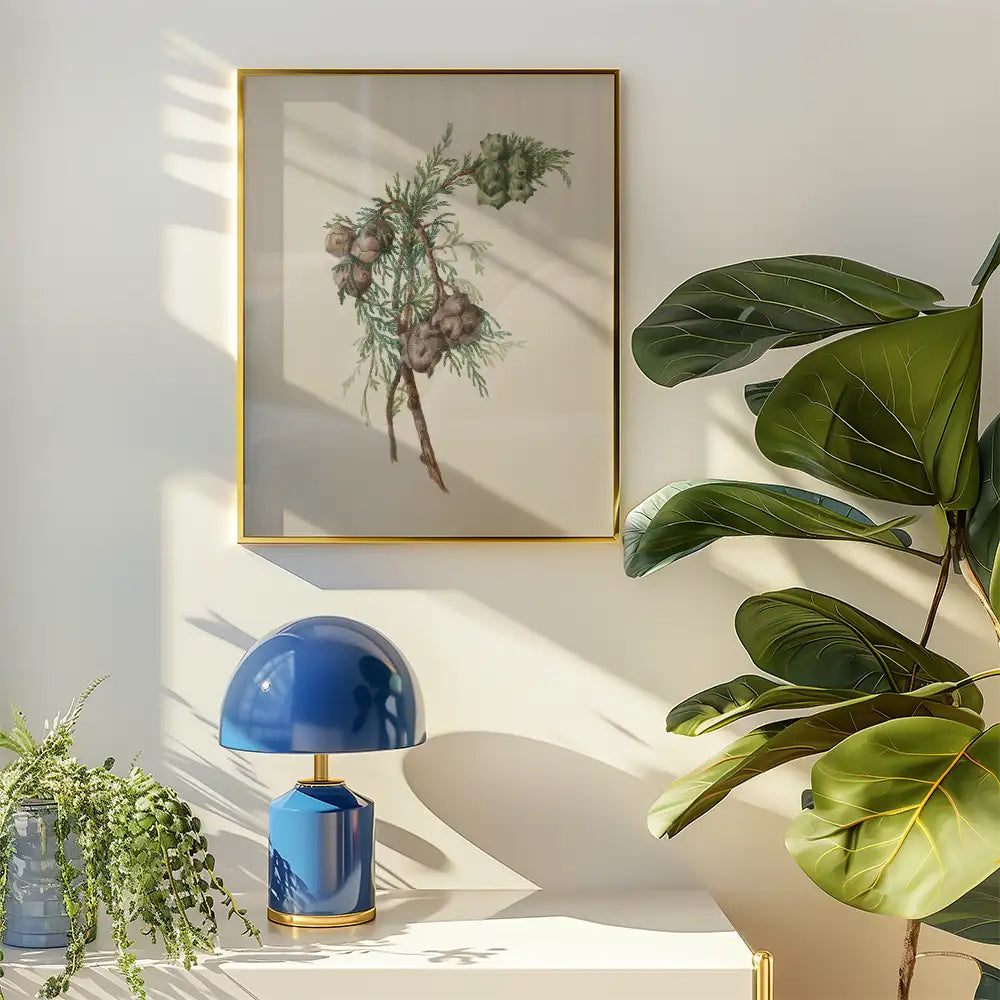 Framed botanical print featuring green foliage and fruit, displayed on a light wall next to a stylish blue lamp and a potted plant.