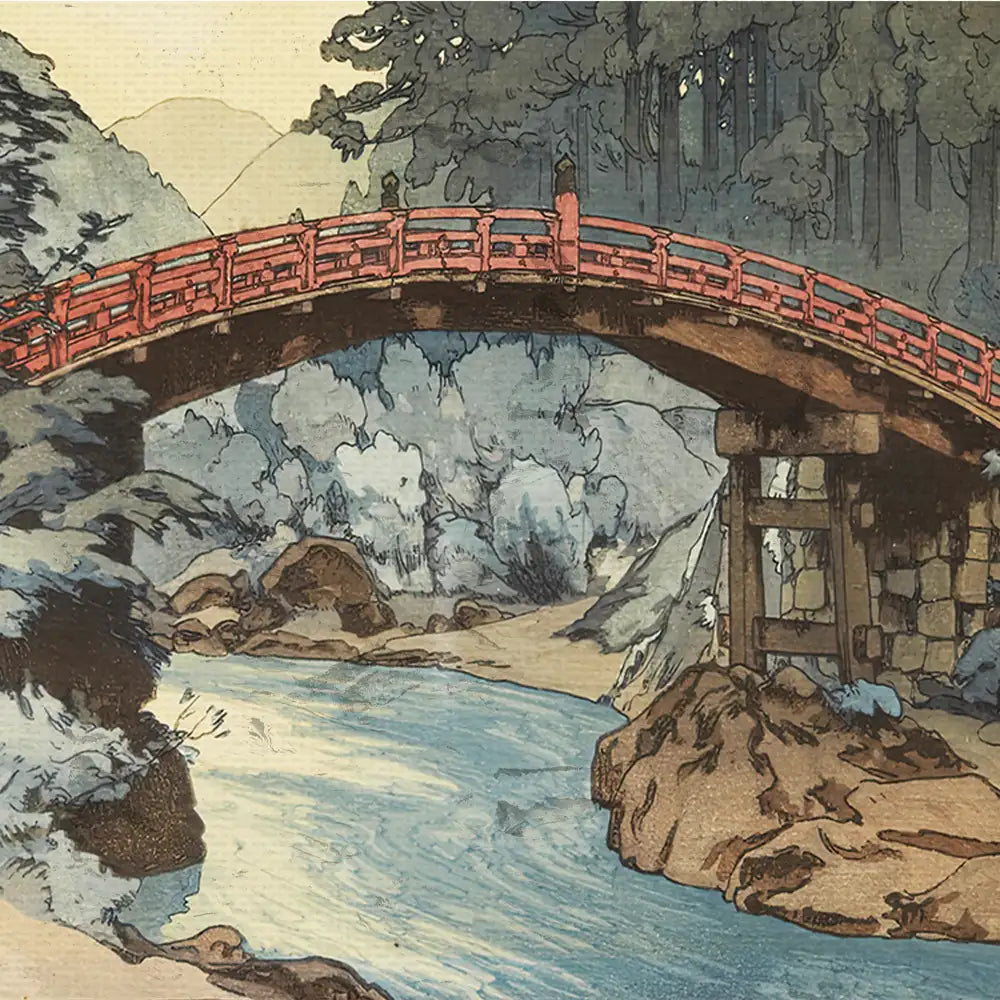 Red bridge arching over a serene river surrounded by trees and rocks, illustrated in a traditional art style.