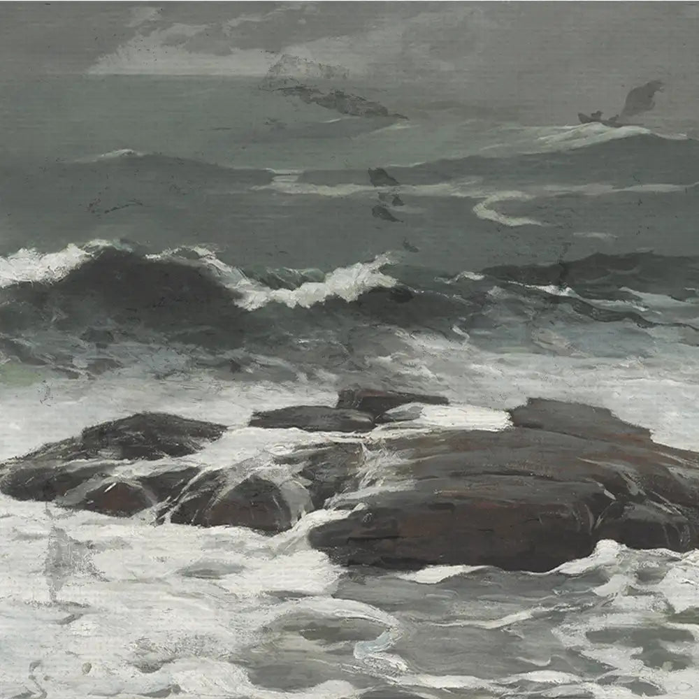 A dramatic seascape painting featuring dark waves crashing against rocky outcrops, set under a cloudy sky.