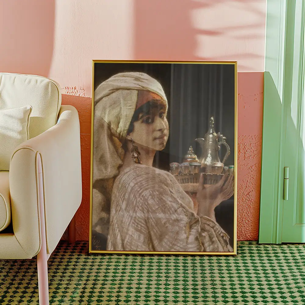 A framed painting of a young woman in traditional attire holding a tray with metallic teapots and cups, displayed against a colorful interior background.