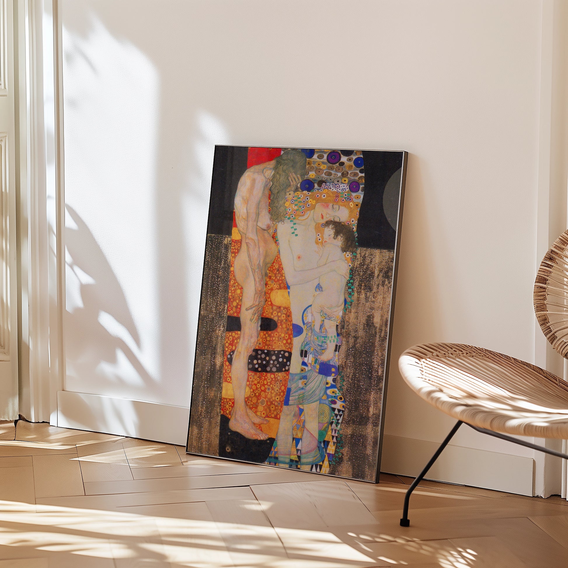 Painting depicting a couple in an intimate pose, leaning against a wall, with vibrant colors and patterns, displayed in a bright room next to a stylish chair.