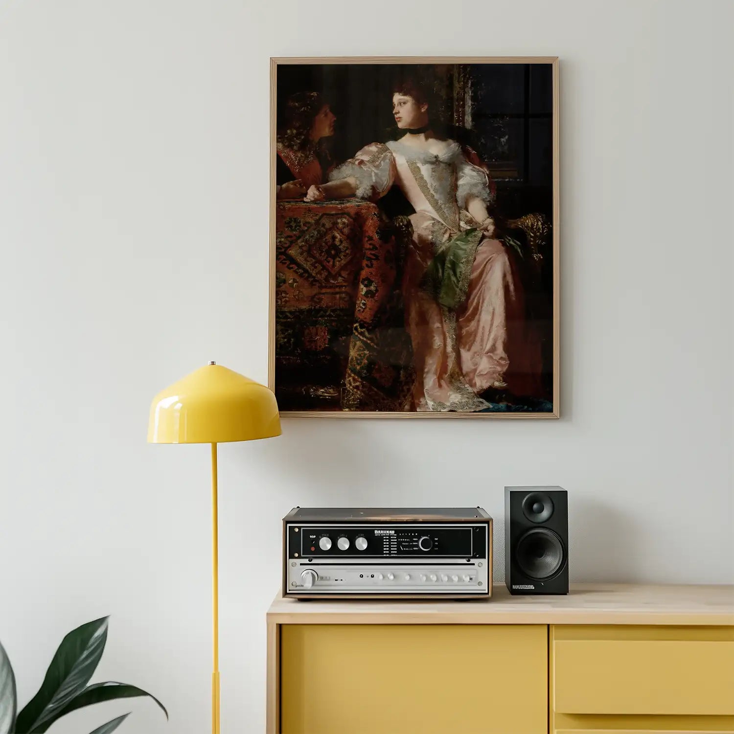 A vintage-style painting featuring a woman in elegant attire, displayed in a modern interior with a yellow lamp and audio equipment.