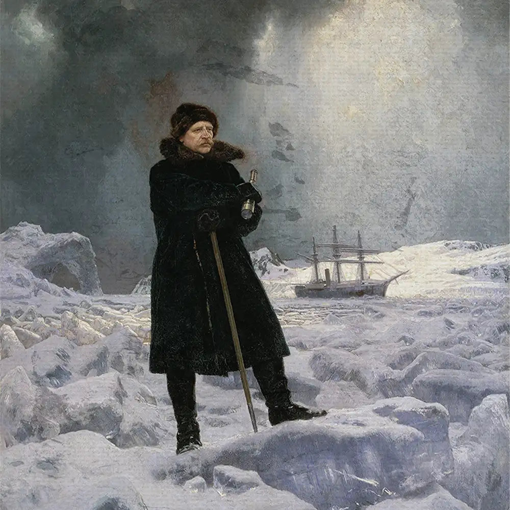 A winter landscape painting featuring a man dressed in a long black coat and fur hat, standing on ice with a ship in the background under a dramatic sky.