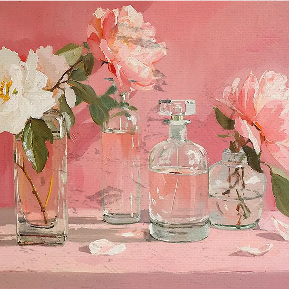 Painting of glass vases with peonies and perfume bottles against a soft pink background.