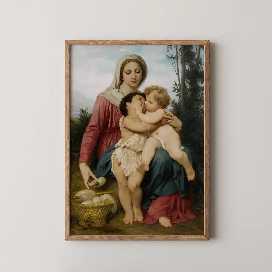 Painting of a mother holding two children, one embracing the other, with a basket of eggs at their feet, framed in wood.