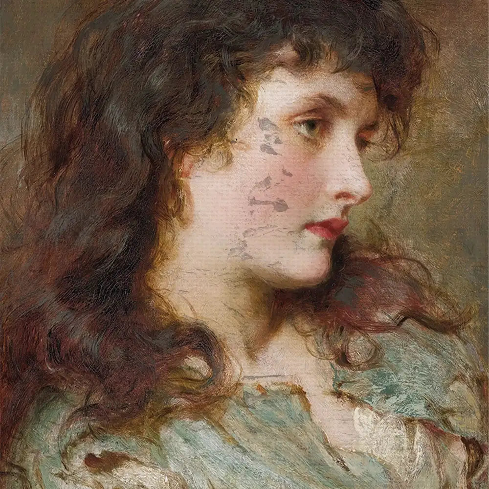 Portrait of a young woman with wavy dark hair and a serene expression, featuring soft colors and delicate brushwork.