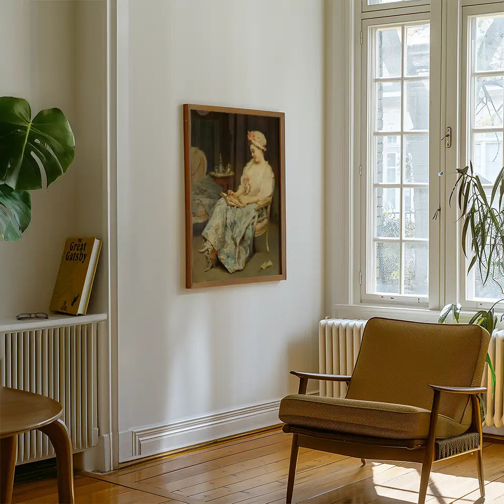 Painting of a woman seated in a chair, wearing a blue dress and a headscarf, displayed on a wall in a cozy interior with a plant and a book visible.