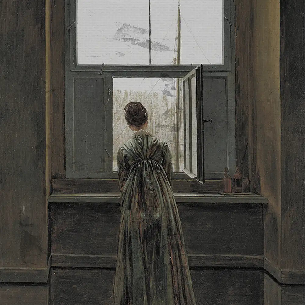 A woman in a green dress gazes out of an open window, with a view of trees and mountains in the distance, creating a contemplative atmosphere.