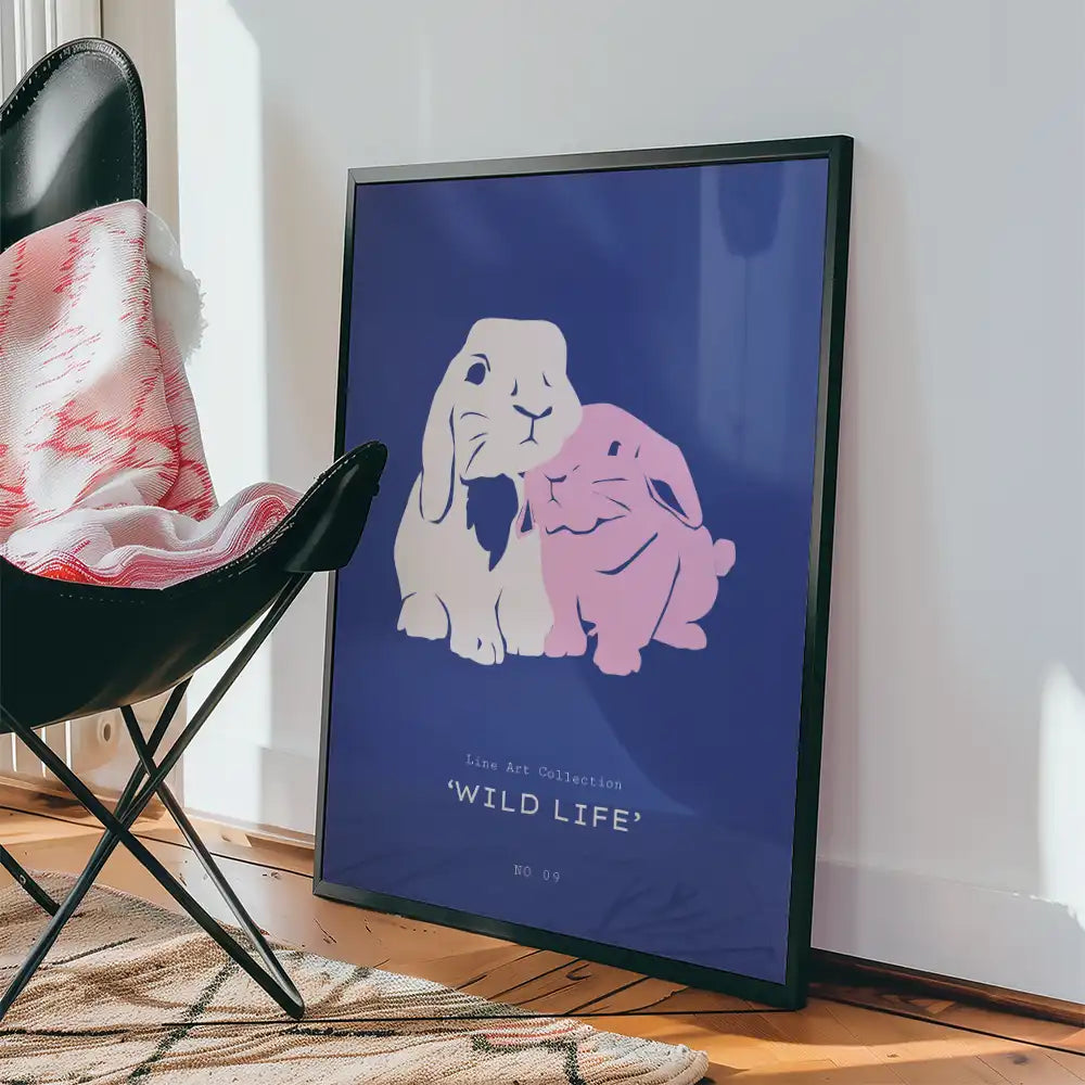 Modern line art poster featuring two cute rabbits in white and pink against a deep blue background, titled "WILD LIFE", part of a contemporary art collection.