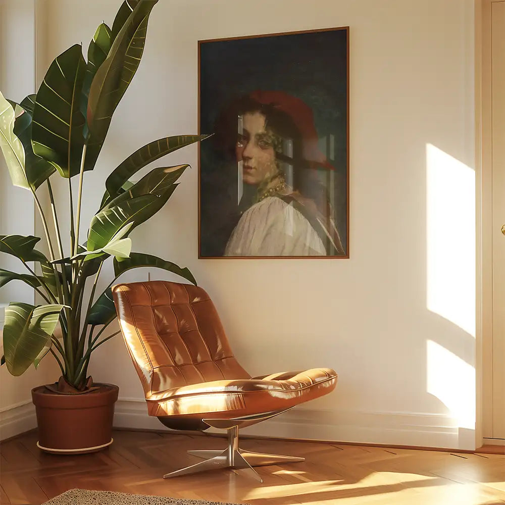 Painting of a woman in a red hat framed on a wall above a modern brown chair and a large green plant in a stylish interior setting.