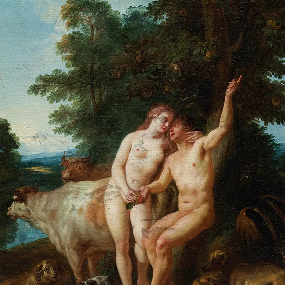 Painting of a man and woman in a lush landscape, surrounded by animals, capturing an intimate moment between the two figures.