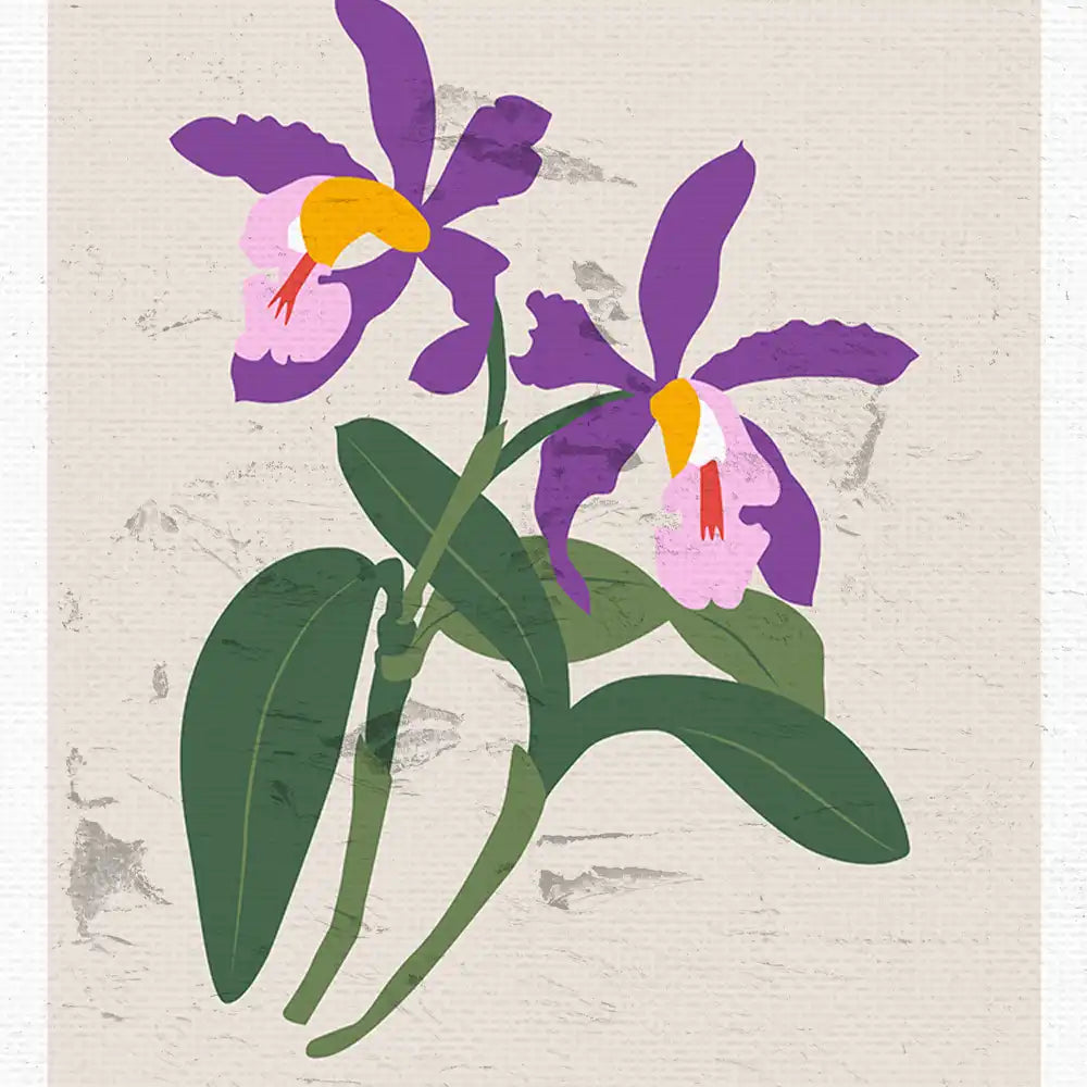 Modern poster of vibrant purple orchids on a textured beige background, art print showcasing botanical beauty for home decor.
