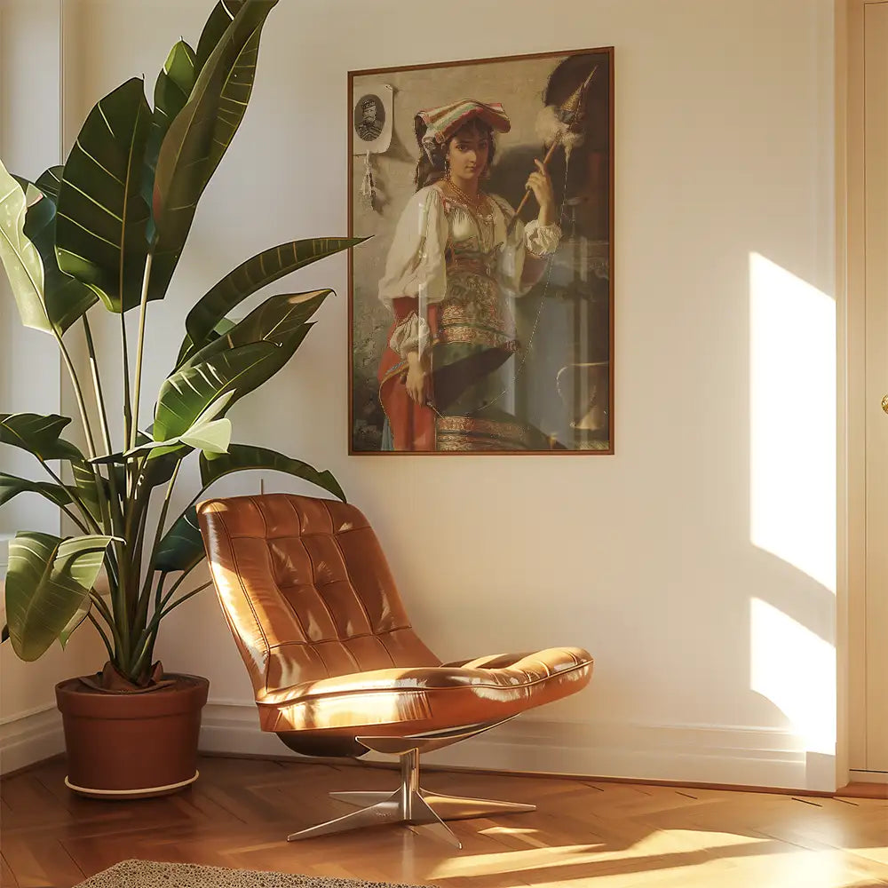 A cozy corner featuring a stylish brown chair, a large tropical plant, and a vintage painting of a woman dressed in traditional attire, illuminated by soft sunlight.